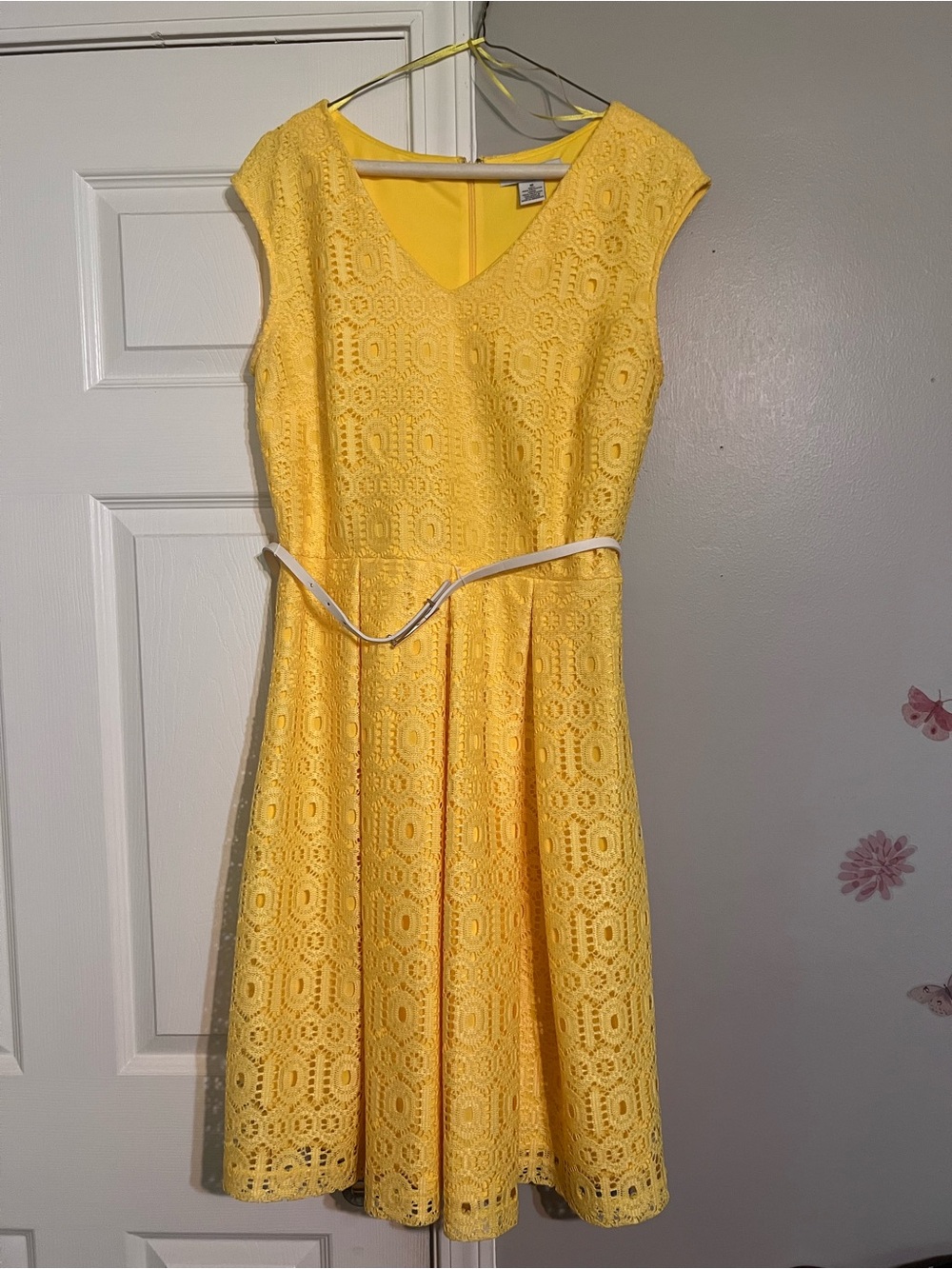 Liz Claiborne Bright Yellow Lace Midi Dress with Belt